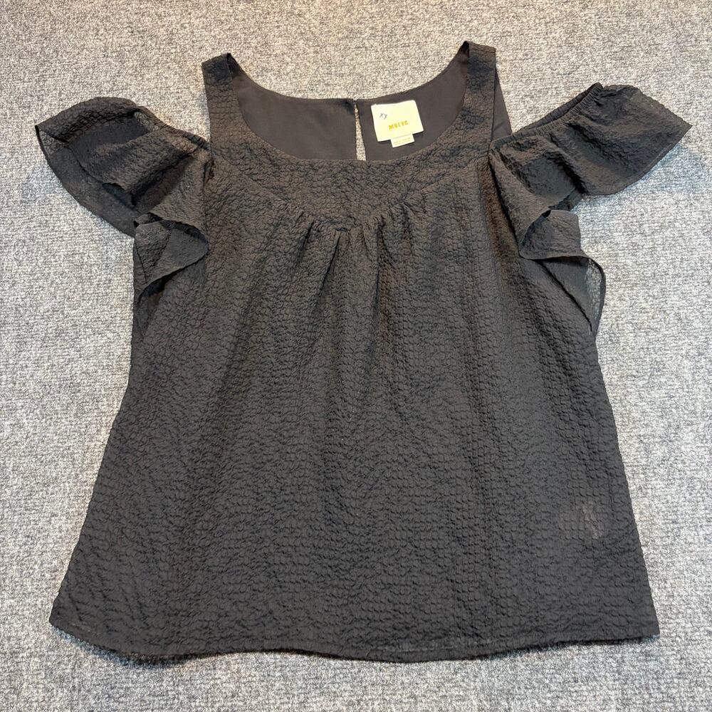 Maeve Anthropologie Cold Shoulder Ruffle Blouse Top Size 8 Black Keyhole Back